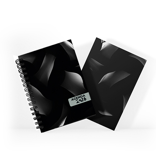 Agenda 2026 tamanho 15x21cm com capa dura em papel empastada com cartão e debrú laminação Prolan, lombada quadrada ou wire-o e miolo pronto